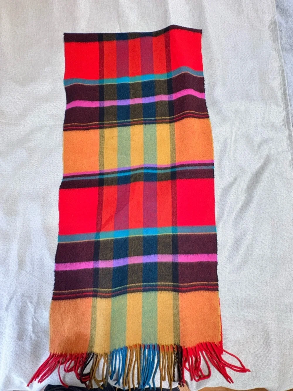 Bright Plaid Fringe Scarf Multicolor Tartan 15”x64”